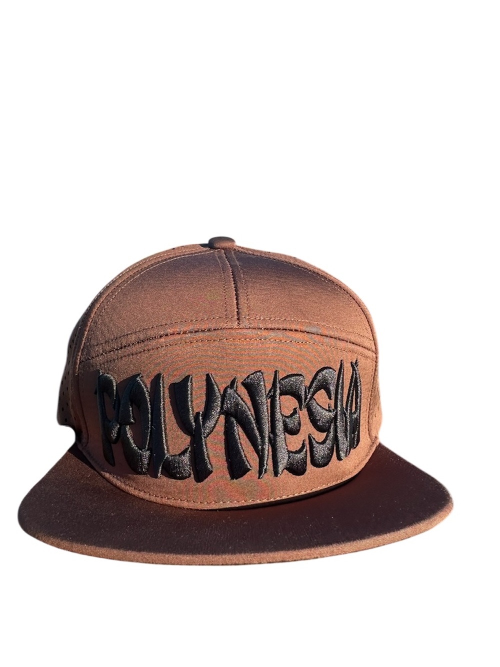 New Unisex Brown Flat Brim Hat with Black Embroidered 'POLYNESIA'